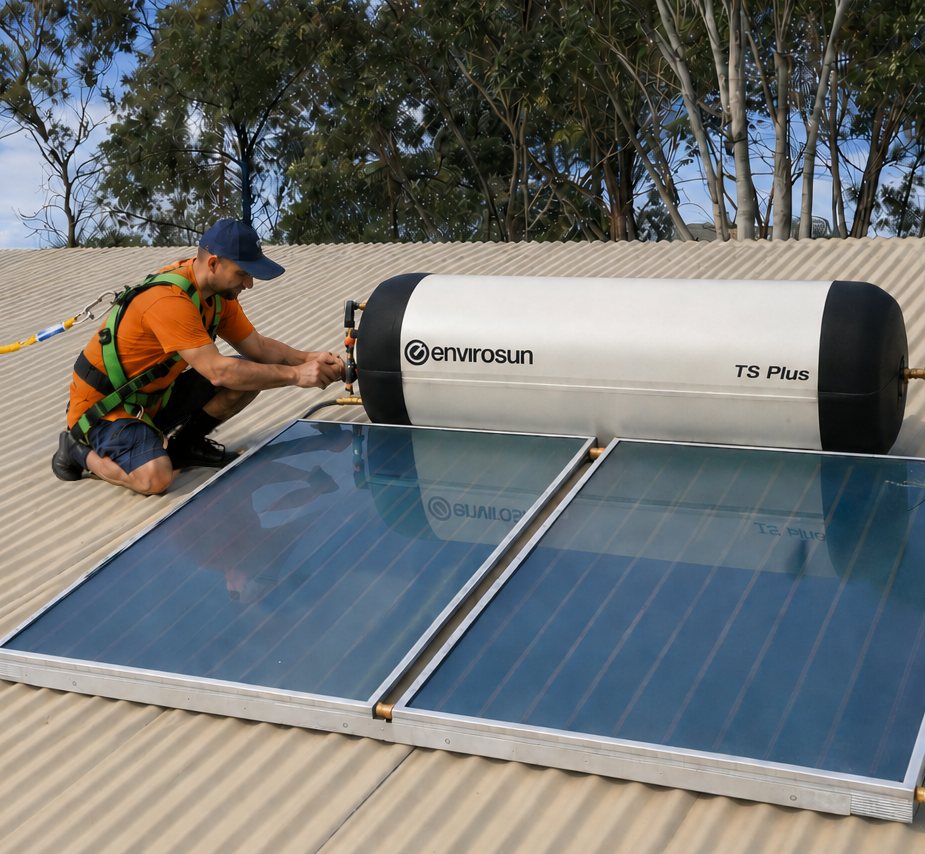 An installer fitting an Envirosun TS Plus solar hot water system on a corrugated roof