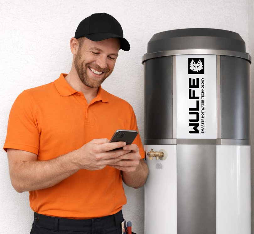 A plumber using the ACTIV8 app on his phone next to a Wulfe heat pump unit
